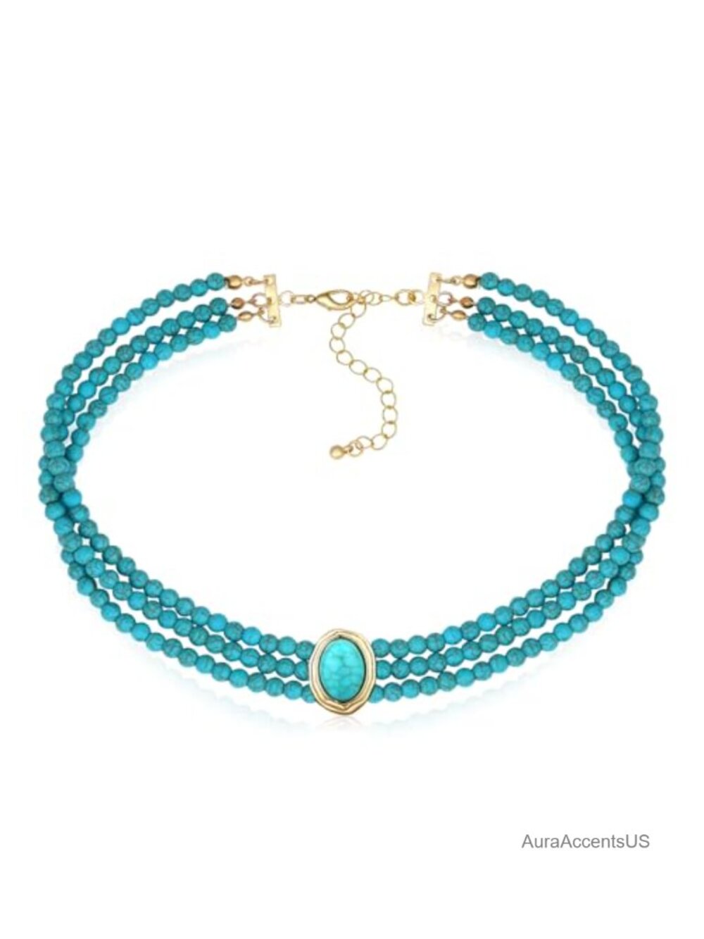 Turquoise Beaded Choker Necklace 14K Gold Plated Adjustable Layered Boho Jewelry